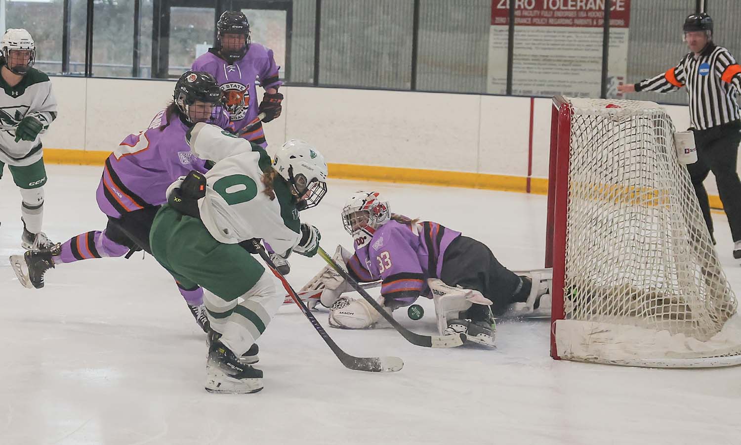 Ainsley Lonczak ’28 scores a power-play goal during William Smith’s 3-0 victory over Buffalo State on Tuesday. 