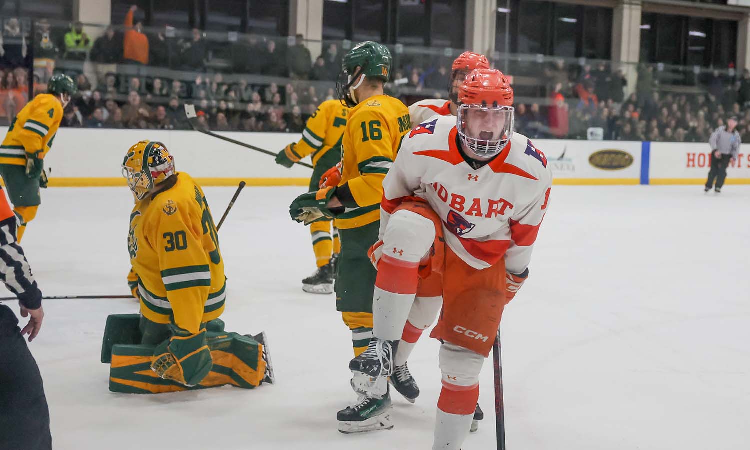 Easton Ryan ’27 celebrates one of his two goals in Hobart’s 6-1 victory over No. 6 Oswego. 