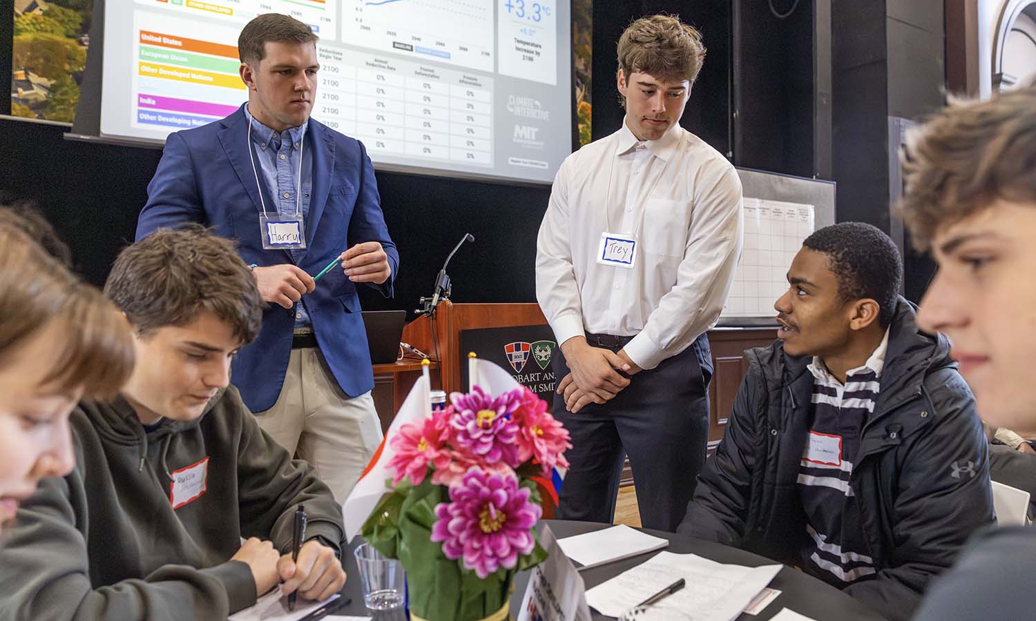 Students participate in the World Climate Summit Simulation in Bartlett Theatre. 