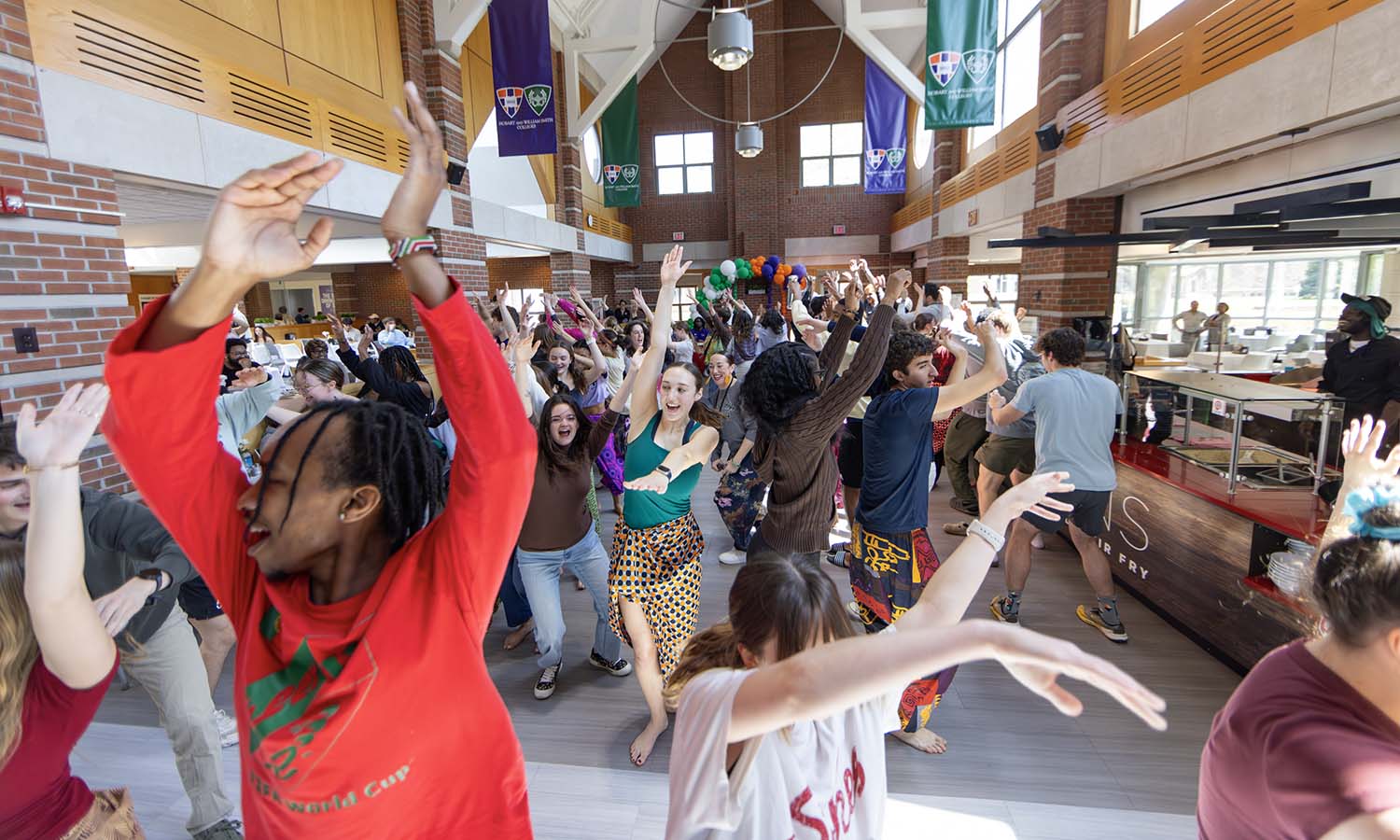 During the HWS Day community lunch in Saga, students joined the “Each One Teach One: Dance and Drum” West African dance performance led by Associate Professor of Dance and Movement Studies Kelly Johnson.
