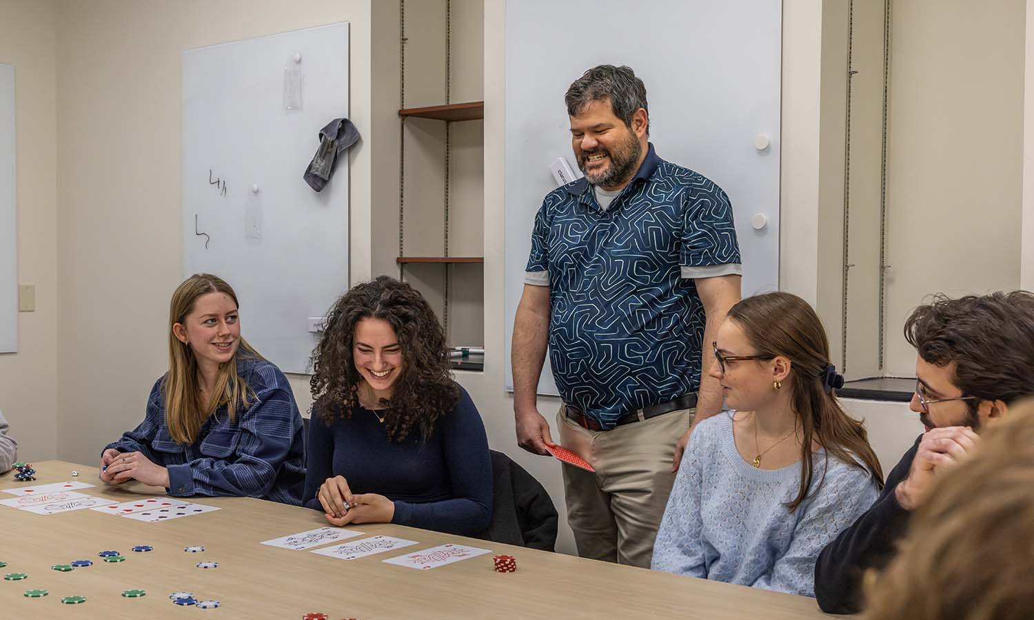 During the Mathematics Capstone “Mathematics of Poker,” Associate Professor of Mathematics and Computer Science Joseph Rusinko leads an introductory lesson on the rules of poker. 