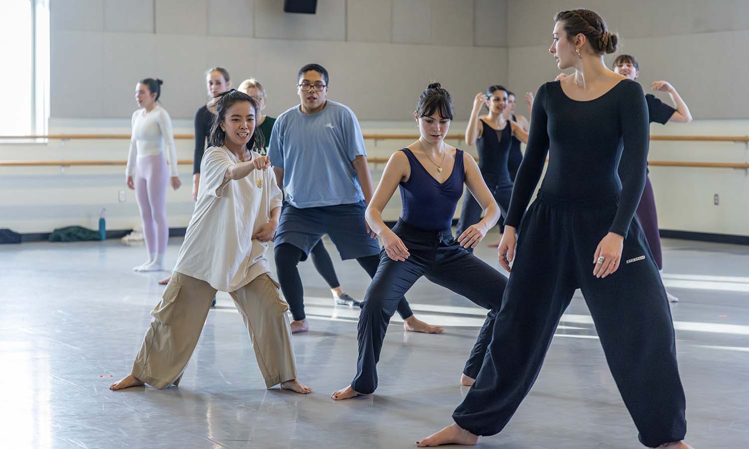 Students attend a master class with the guest artist dance company Doug Varone and Dancers in the Gearan Center for the Performing Arts. 