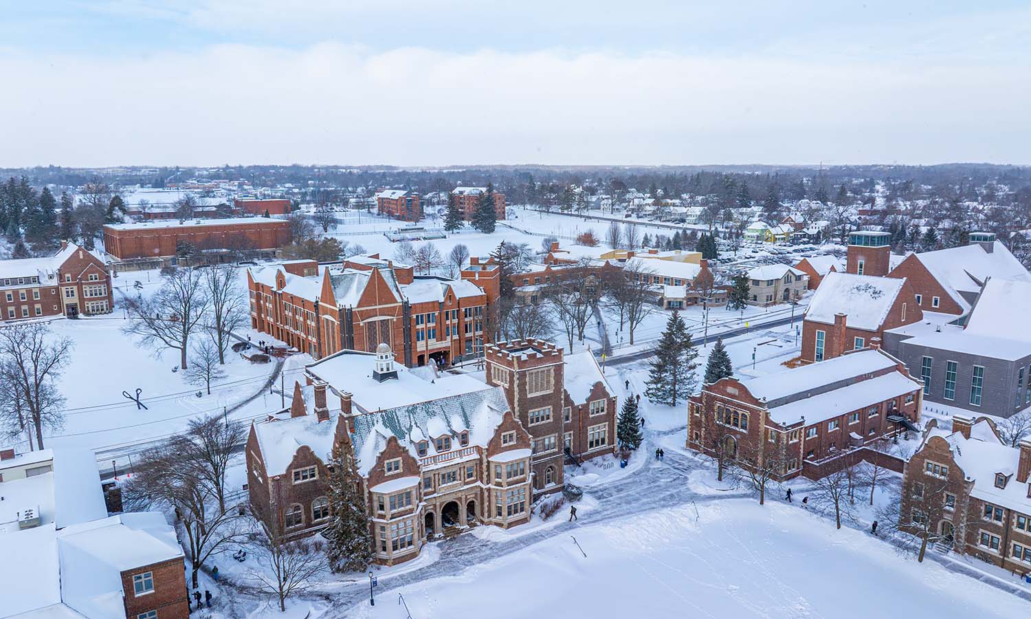 An aerial view of campus after a fresh blanket of snow on Monday morning. 