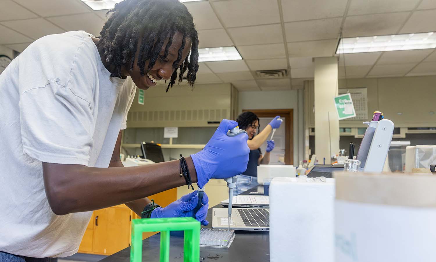 During summer research with Professor of Chemistry Kristin Spade, Arielle Newsome ’28 works to purify Malate dehydrogenase, a critical enzyme in the citric acid cycle, which is central to metabolism for humans. 