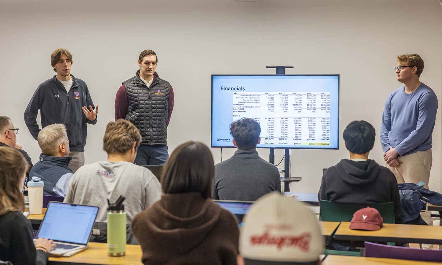 During the capstone for Business Management & Entrepreneurship, Nick Fisher ’26, Tommy Chyzowych ’26 and Aidan McKean ‘26 answer questions from Todd Feldman ’89 and Entrepreneurial Fellow Ed Bizari. 