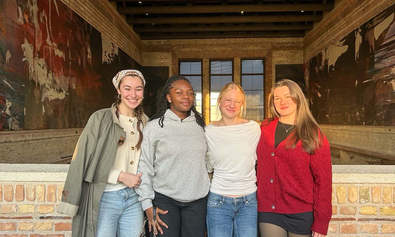 Dilara Lenio ’27, Ameya Moncrieffe ‘27, Norwich Student Beatrice Lake and Lindsey Millward ‘27 pose for a photo at the Neues Museum while studying abroad in Berlin, Germany. 