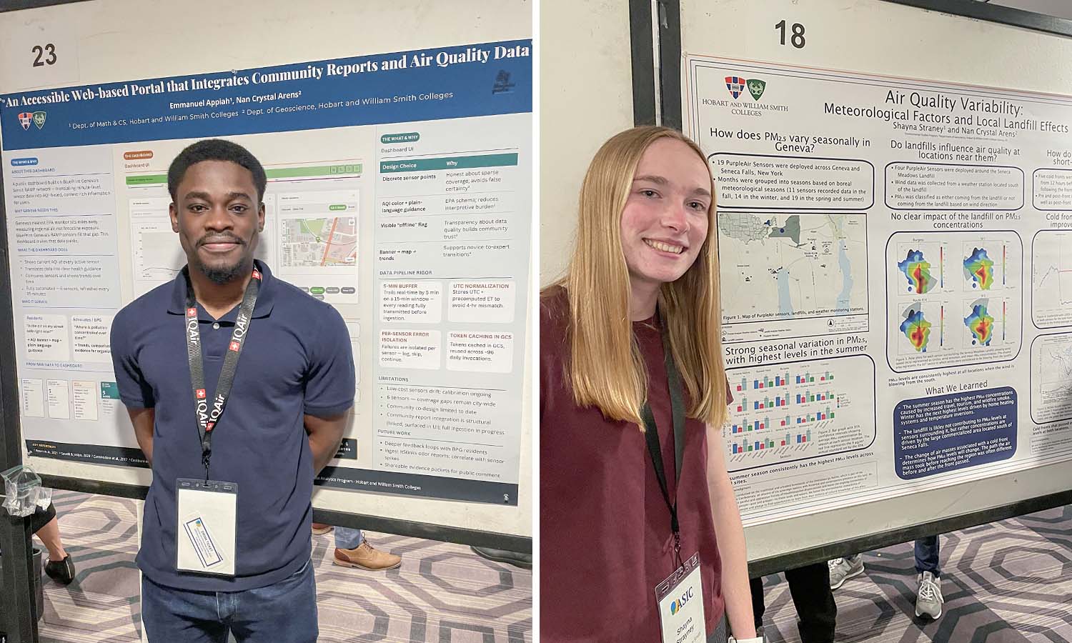 Emmanuel Appiah ’26 and Shayna Straney ’26 present their honors research completed with Professor of Geoscience Nan Crystal Arens at the Air Sensors International Conference in Los Angeles, California. 