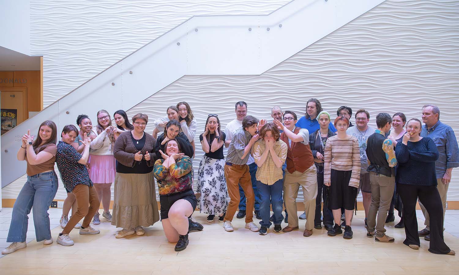 Faculty, staff and students involved in the HWS Theatre program pose for a photo during their Encore end-of-the-year celebration. 