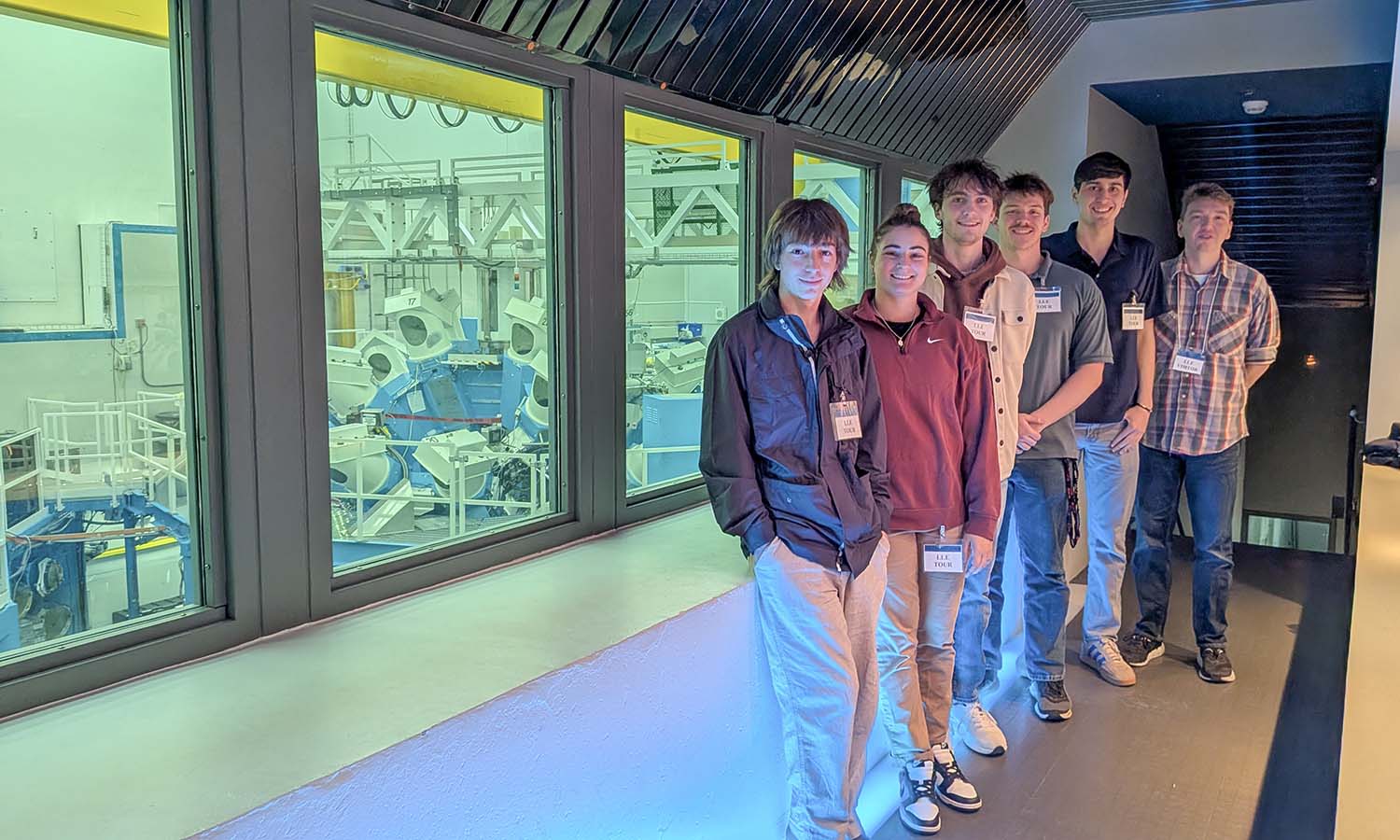 Students interested in plasma physics examined the Laser Energetics Laboratory at the University of Rochester with Visiting Assistant Professor of Physics Zach Barfield. 