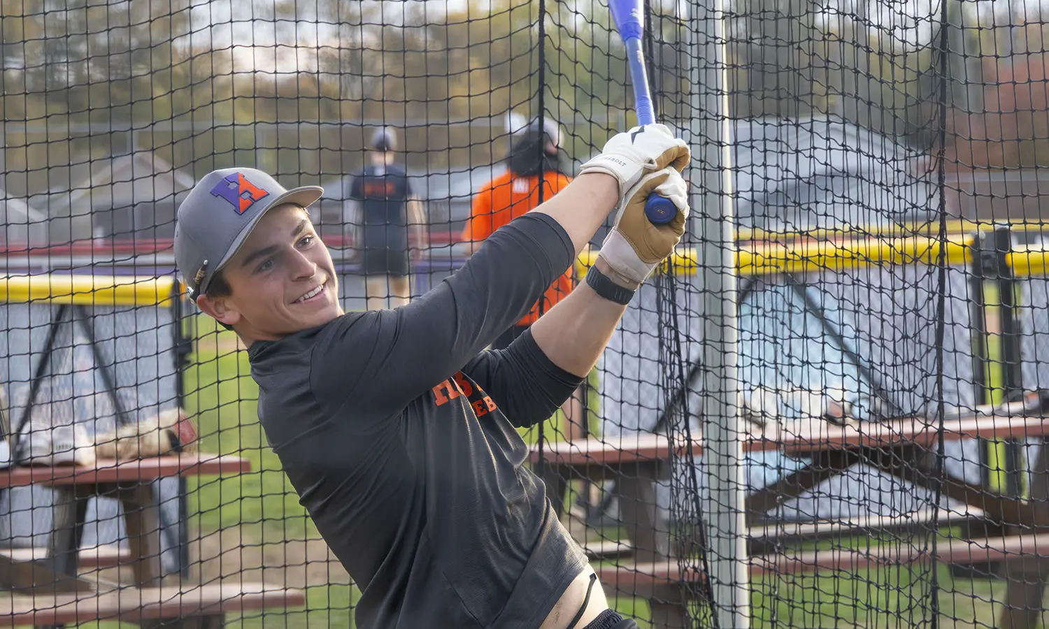 Mark Kelly '30 gets in a few swings during Hobart Baseball’s practice at McDonough Park. 