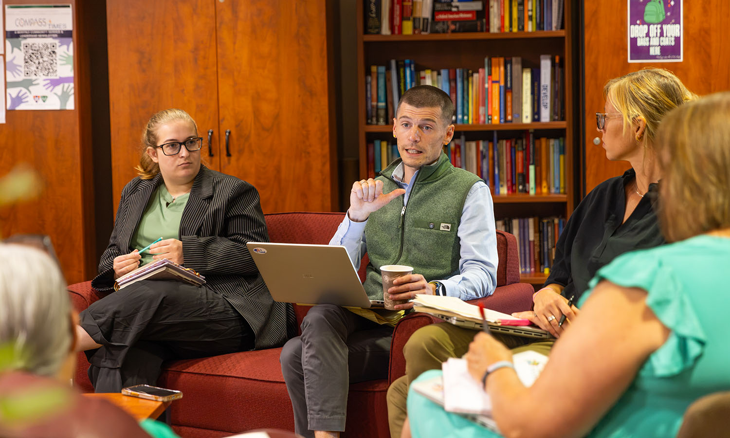 Director of Student Success and Retention Peter Budmen '15 MAT '16 meets with staff from the Center for Teaching and Learning to discuss the new student success portal. 
