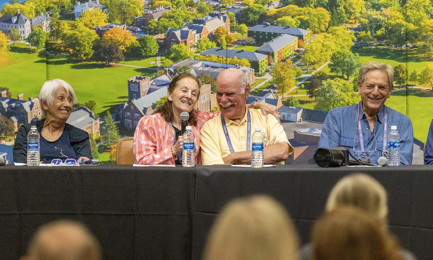 Peggy Bokan Greenawalt '66, L.H.D. '21, Honorary Trustee Katherine D. Elliott '66, L.H.D. '08, Bob Rosenblum '66, and Allen Verne '66 discuss their careers in the Vandervort Room during the mini-college class "Passions, Hats and Second Acts."  