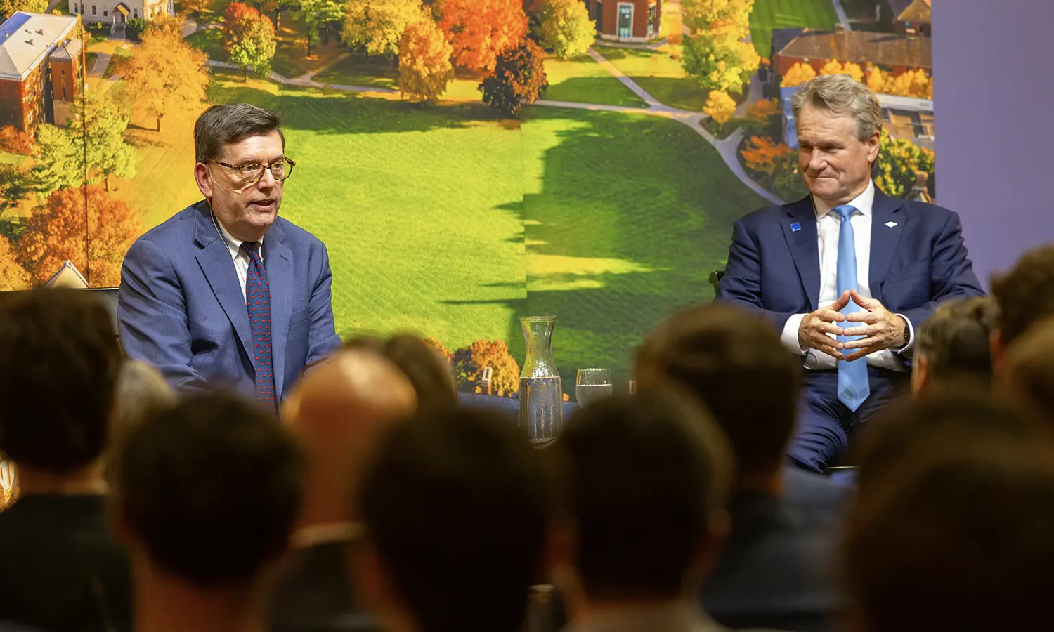 President Mark D. Gearan introduces Bank of America Chair and CEO Brian Moynihan at the Anderton Economic Policy Symposium held in the Vandervort Room in Scandling Campus Center. 
