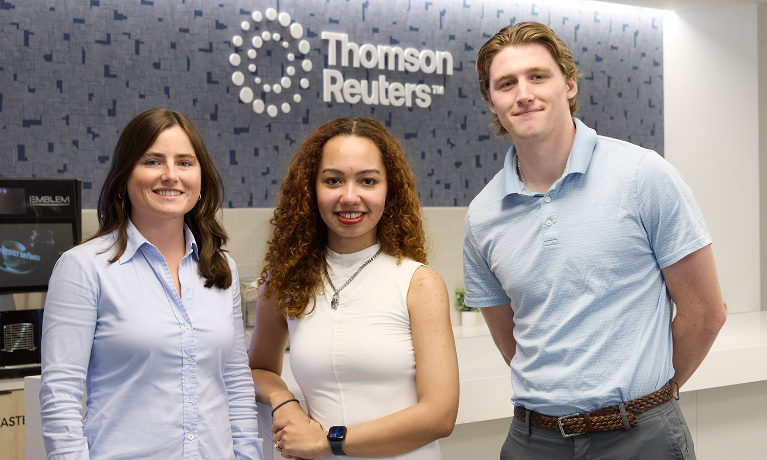 Thomson Reuters Digital Sales and Marketing Interns Elizabeth Whitney ’27, Isabella Hayes ’27 and Bauer Swift ’27 gather for a photo.   