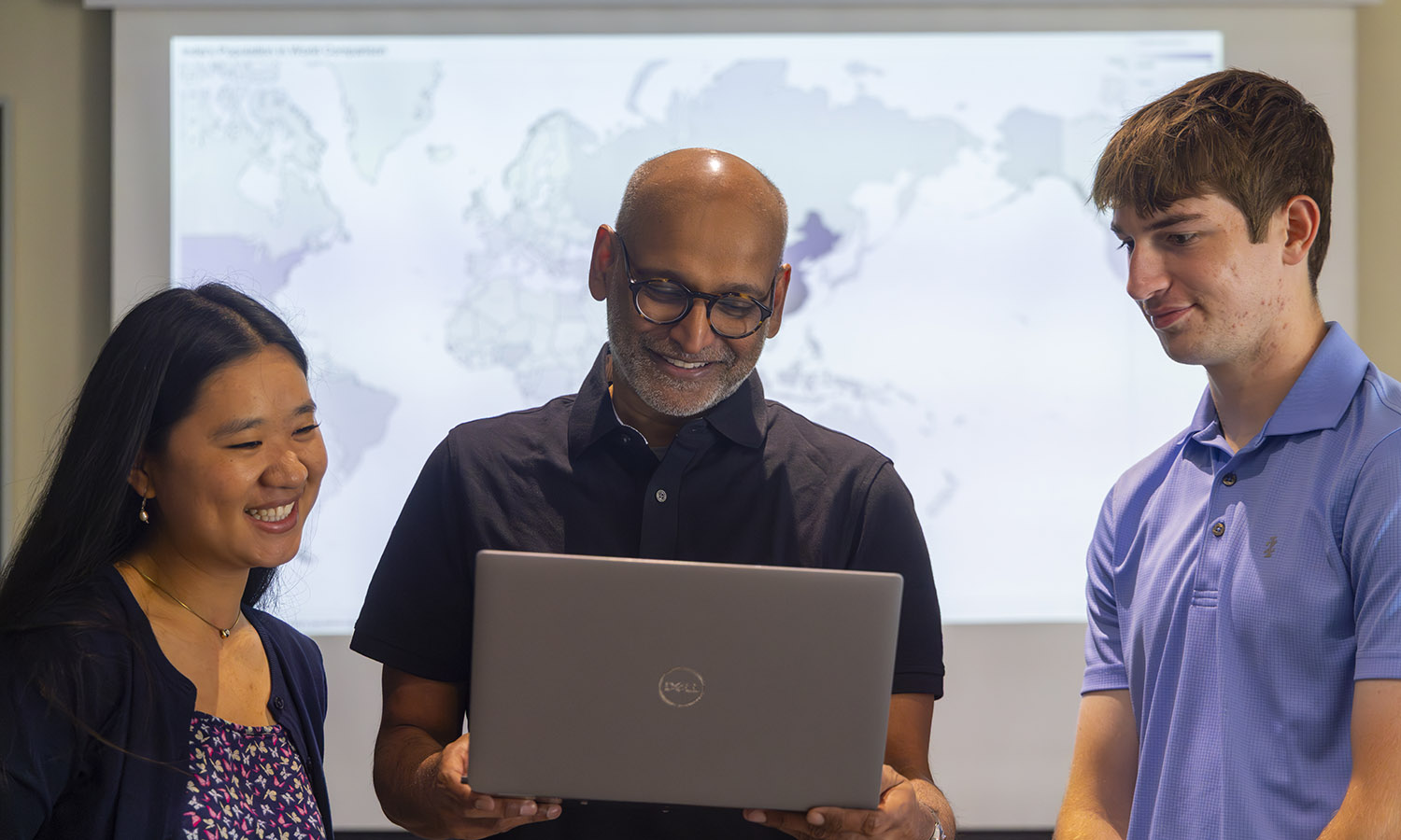 Sonam Drema '29 and Liam Mead ’28 work with Professor of International Relations Vikash Yadav to build Tableau skills and create interactive visualizations of their research projects. Drema is documenting immigration from India, while Mead is analyzing France's 2022 presidential election.  