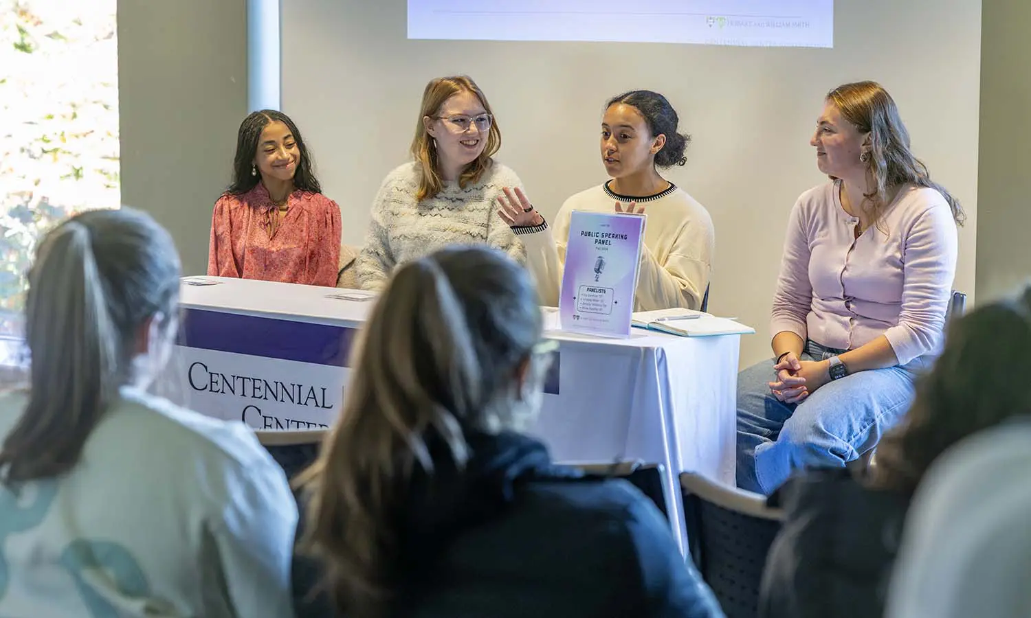 Olivia Purefoy '27, Ela Gardiner '27, Delainy Williams '28, and Lindsay Miller '27 take part in a public speaking panel hosted by the Centennial Center for Leadership, Entrepreneurship and Innovation.  