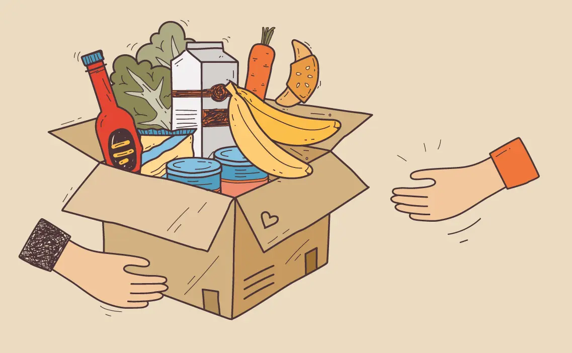 Illustration of hands passing fresh produce — the visual identity of the HWS Food Recovery Network