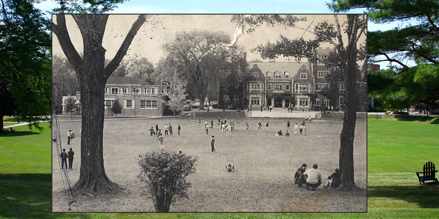 black and white photo of students on the Hobart Quadrangle