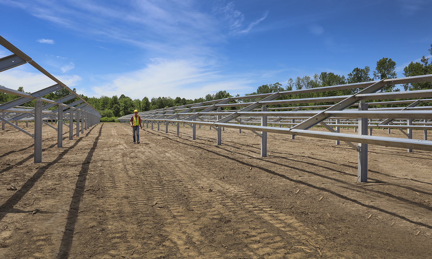 Professor Tom Drennen walking through solar panels