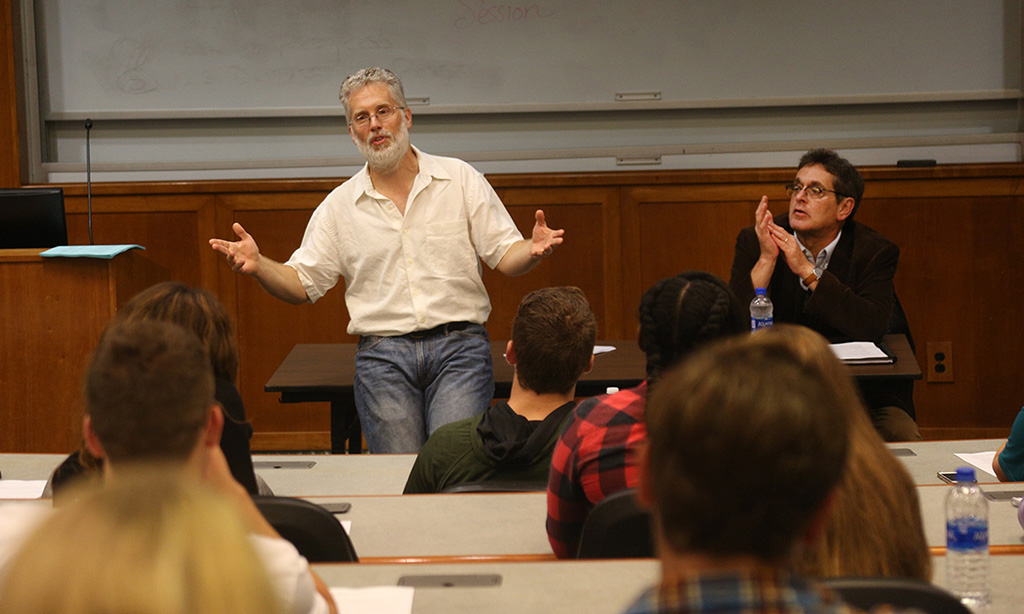 Eric Barnes and Scott Brophy advise students in the Seneca Room