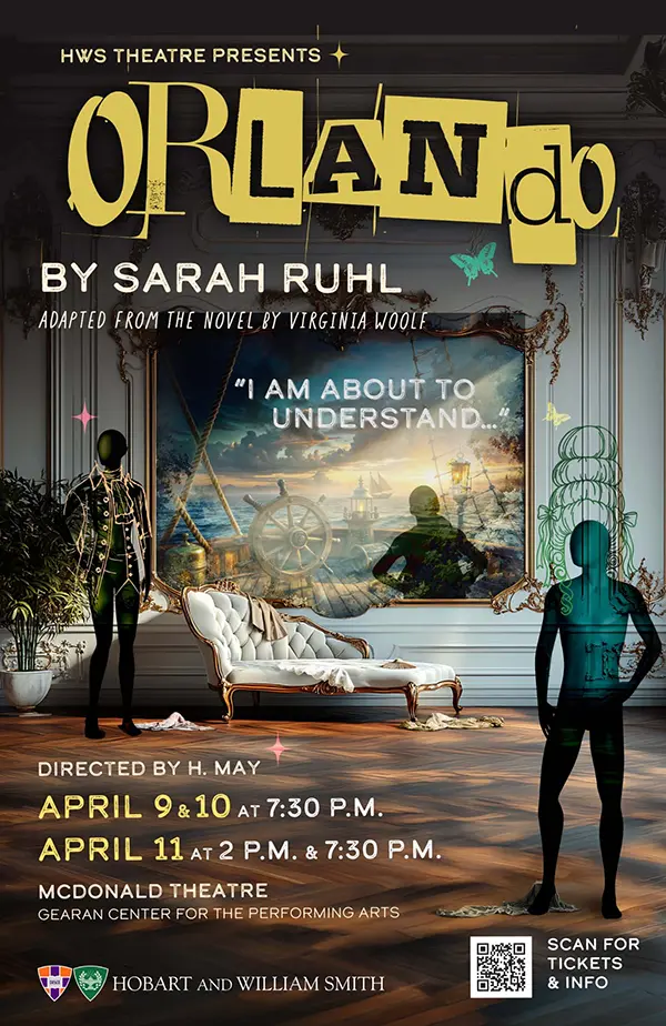 Show poster for Orlando. Two figures stand across from each other in a large room with hardwood flooring. A turquoise chaise lounge draped in discarded clothing is between them and a large window in gold frame looks out onto a watery landscape that contains a ship's wheel and mast, lanterns, the shadows of a city, and another figure standing with their hands on their hips outside. 