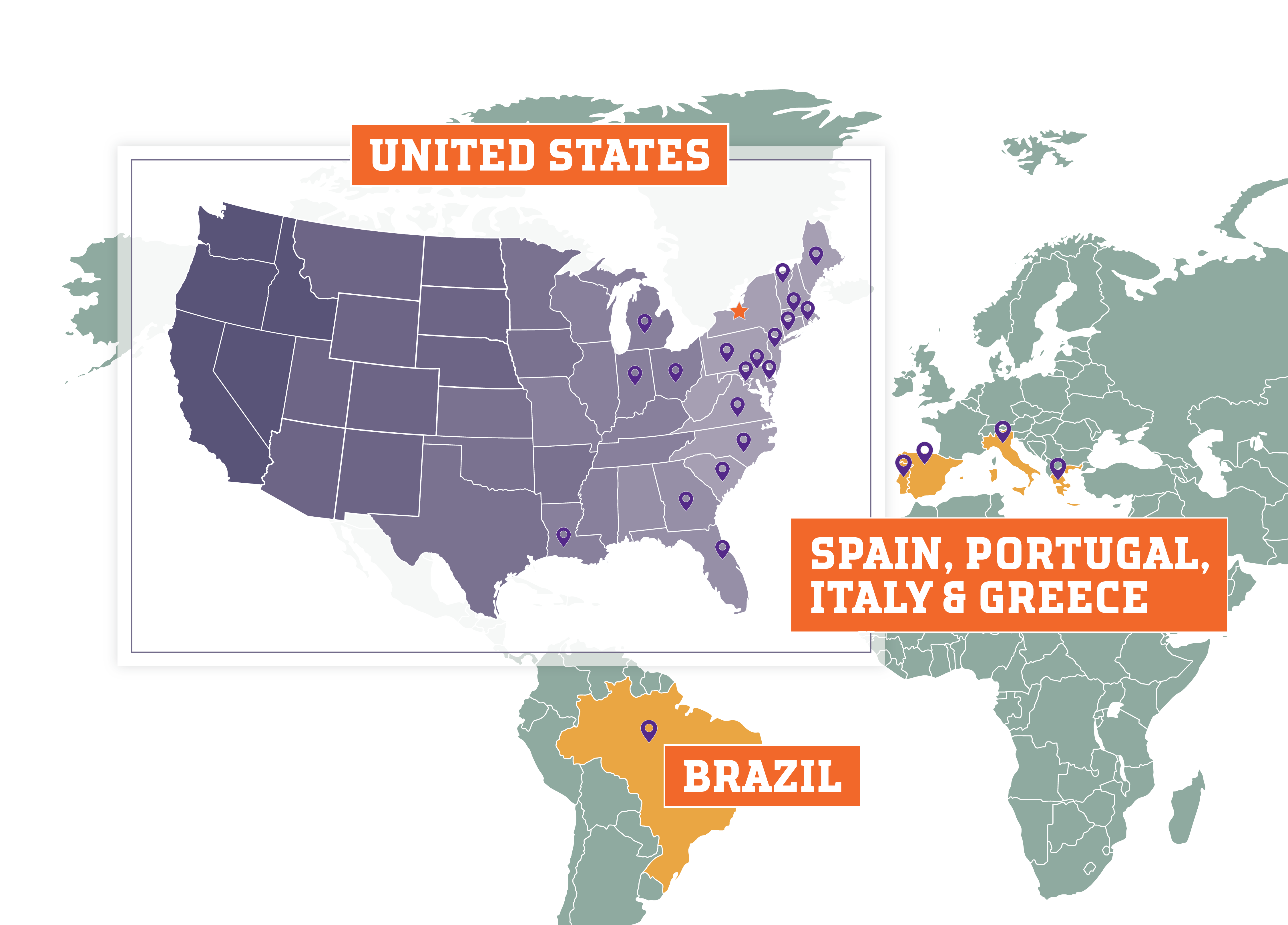 Map of the United States, Europe and South America showing everywhere HWS student-athletes traveled to train and compete, with pins across 19 states plus Spain, Portugal, Italy, Greece and Brazil.