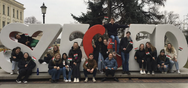 Students pose for a photo in Hungary