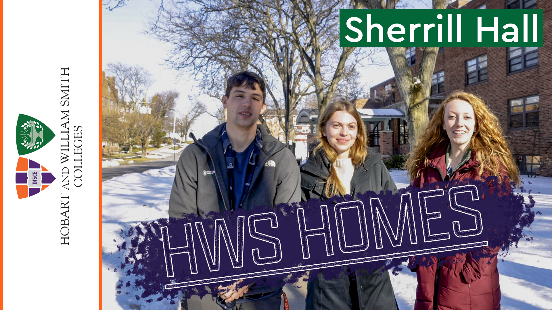 Luke, Annabel and Holly stand outside of Sherril Hall