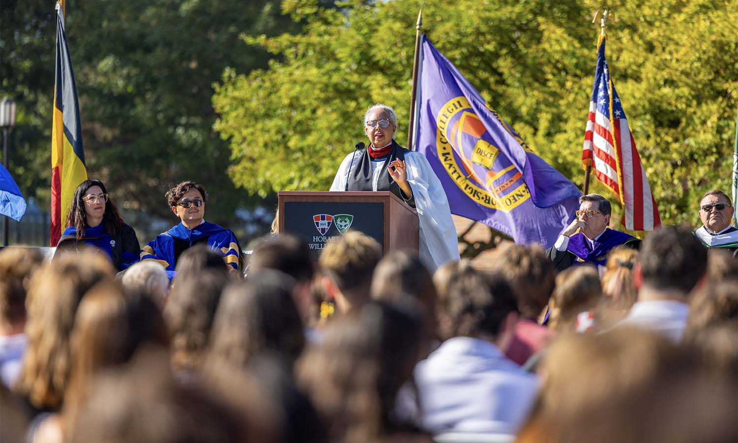 Chaplain and Dean for Spiritual Engagement Rev. Nita Byrd discusses the Web of Learning in her welcome remarks.