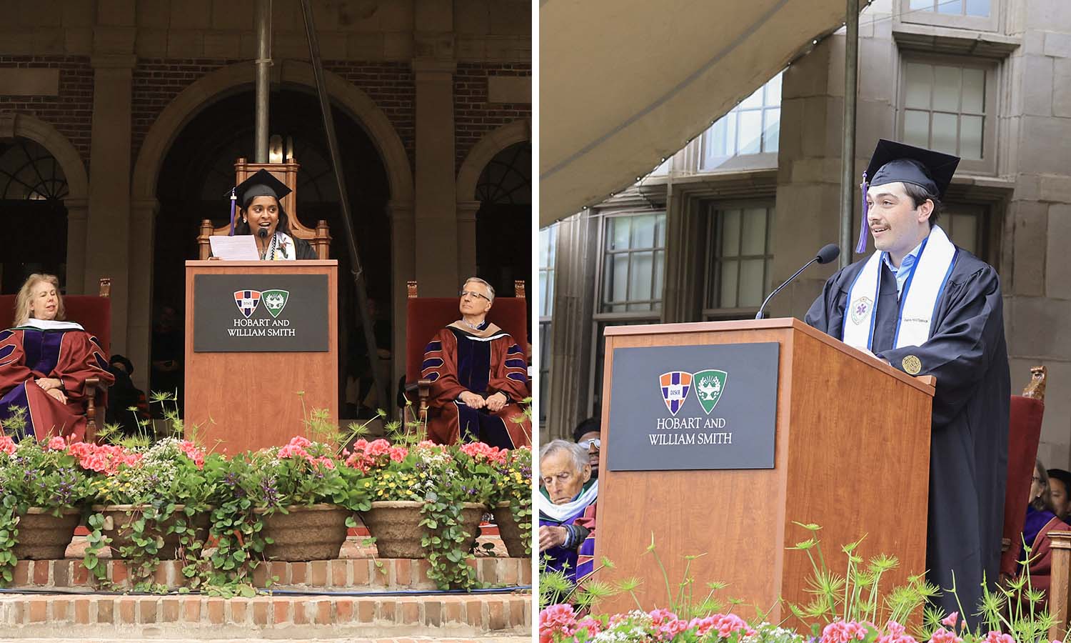 Anjalee Wanduragala '25 and Aaron McClintock '25 deliver the senior speeches.