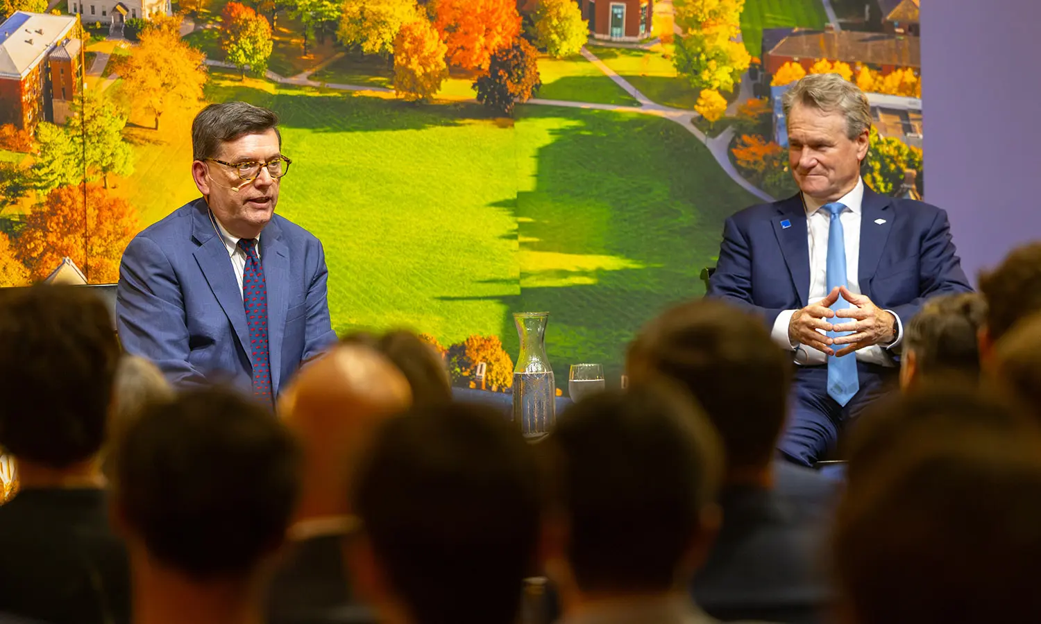 HWS President Mark D. Gearan and Bank of America CEO Brian Moynihan converse at the Anderton Economic Policy Symposium