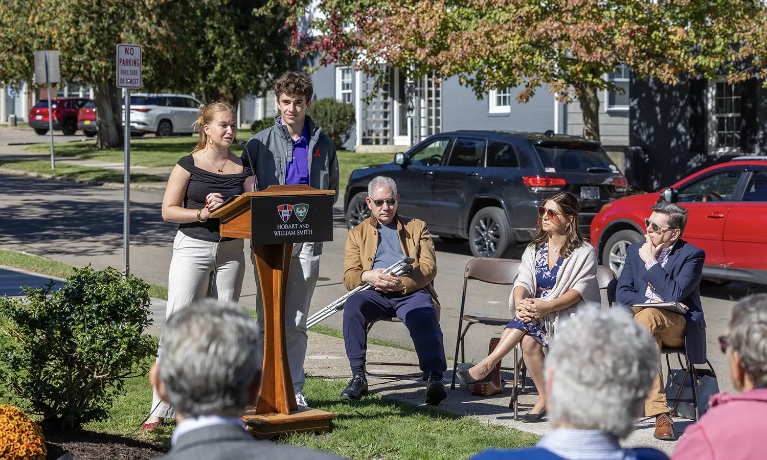 Student Trustees Cori Bohan ’27 and Rupert Ramsay ’27 express their enthusiasm for the Piltch Family Commons and recognize the lasting connections students build at HWS.