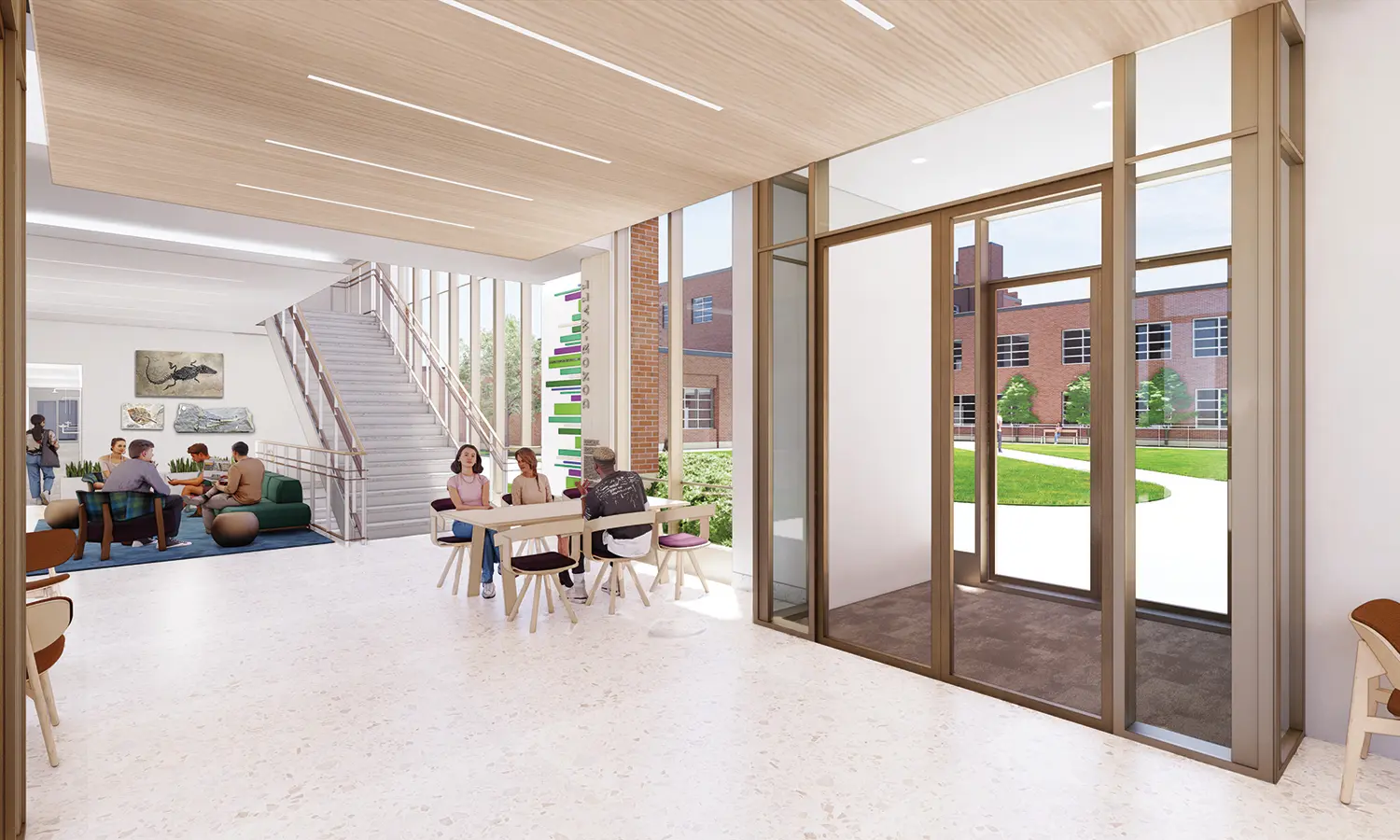 This small gathering area near the main entrance will make an ideal place to relax between classes.
