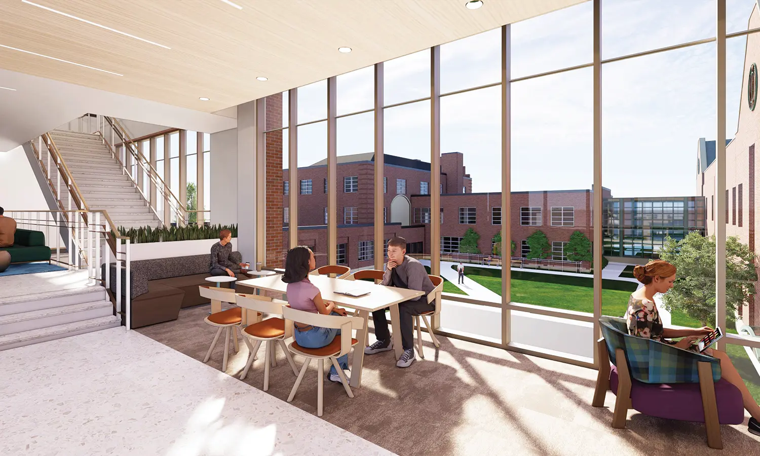 The second-floor lobby will offer a more private gathering area with a view of Lansing Hall and the Science Quad.