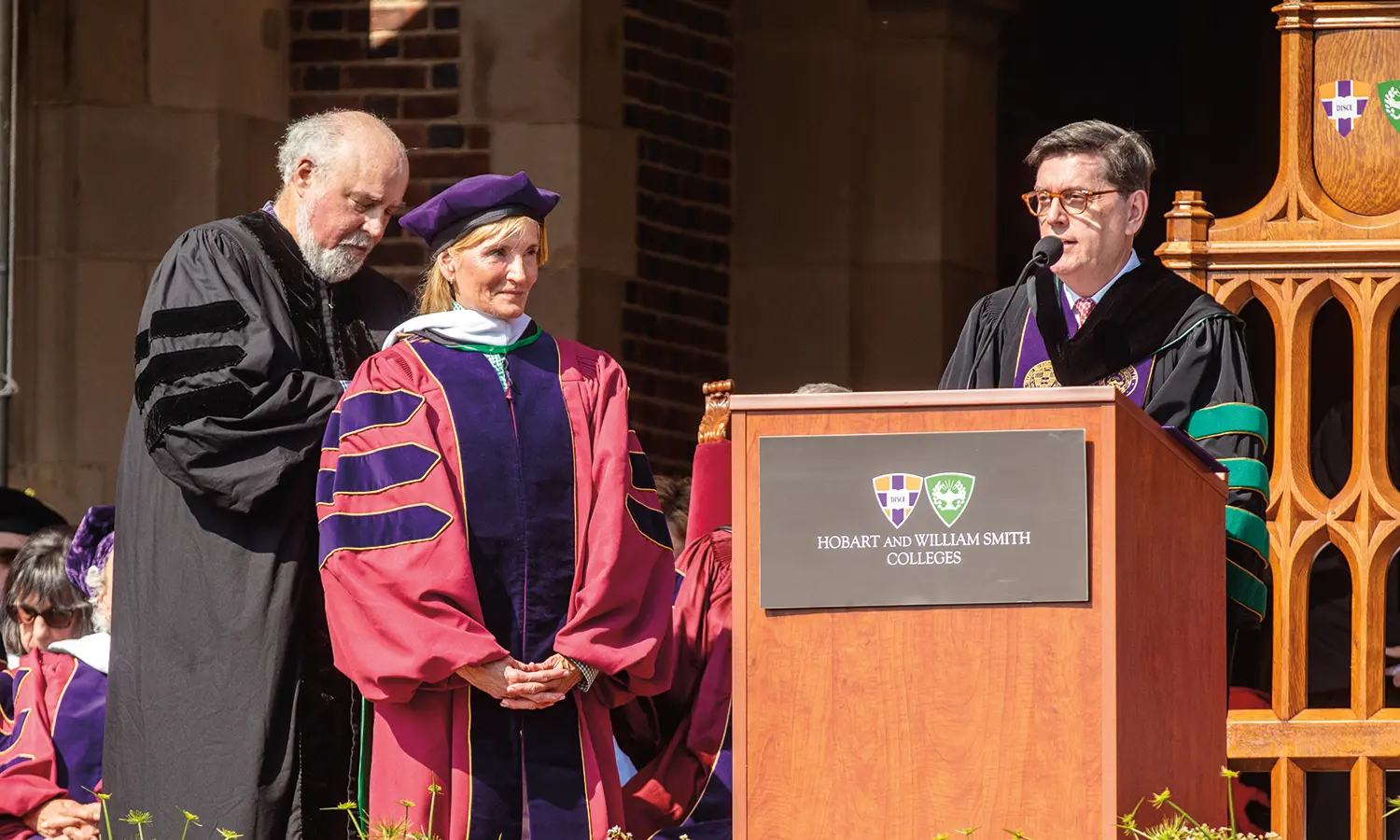 Cynthia Gelsthorpe Fish receives an honorary degree from President Mark D. Gearan in 2023.