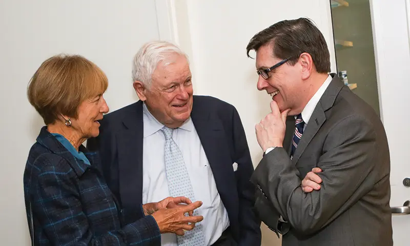 Judith Hershey Melly L.H.D. '16, Chair Emeritus L. Thomas Melly '52, L.H.D. '02 and President Mark D. Gearan on campus in 2016.