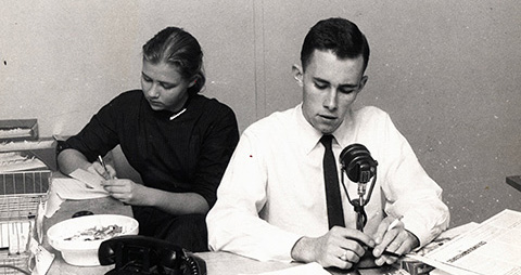 Students working at WEOS in the late 1950s.