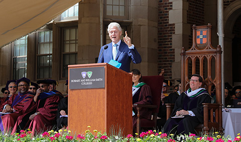 Former President Bill Clinton speaking on the Quad during the 2017 Commencement.
