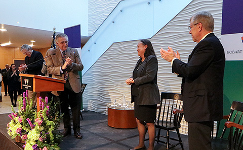 President Joyce P. Jacobsen named the next President of Hobart and William Smith at an event in February 2019. She is pictured with Chair of Board of Trustees Thomas Bozzuto ’68, L.H.D. ’18 (left) and Co-Chair of the Search Committee Andrew G. McMaster Jr. ’74, P’09.