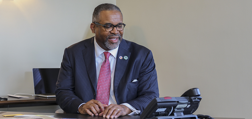 President Gregory J. Vincent '83 calls Ali Marpet '15 of the Tampa Bay Buccaneers.